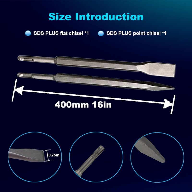 Phyxlyn 16-Inch SDS Plus Chisel Set, 3/4 Inch Flat Chisel and Point Chisel with Sds Plus Shank Ideal for Concrete Demolition, Tile Removal Chisel Tool for SDS Plus Hammer Drill Attachment - Image 3